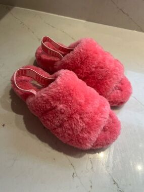 UGG Coral Pink Plush Slide Slippers with Branded Heel Strap